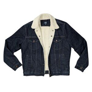 Gap Sherpa Lined Denim Trucker Jacket Dark Wash Blue Jean Coat Mens Medium